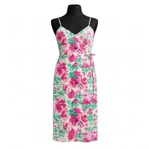 J. Crew Floral Cotton Wrap Midi Dress 16 Pink Green Tropical Hawaii Beach NWT